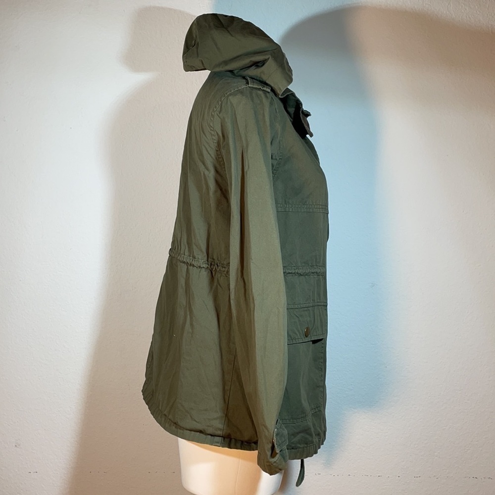 ark & co olive green, long hooded cargo jacket with a draw string waist. Medium - Picture 5 of 15